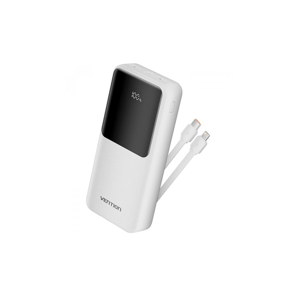 Батарея універсальна Vention 20000mAh 22.5W 3A, PD, QC/3.0, Built-in USB-C+Lightning Cables, White (FHPW0)