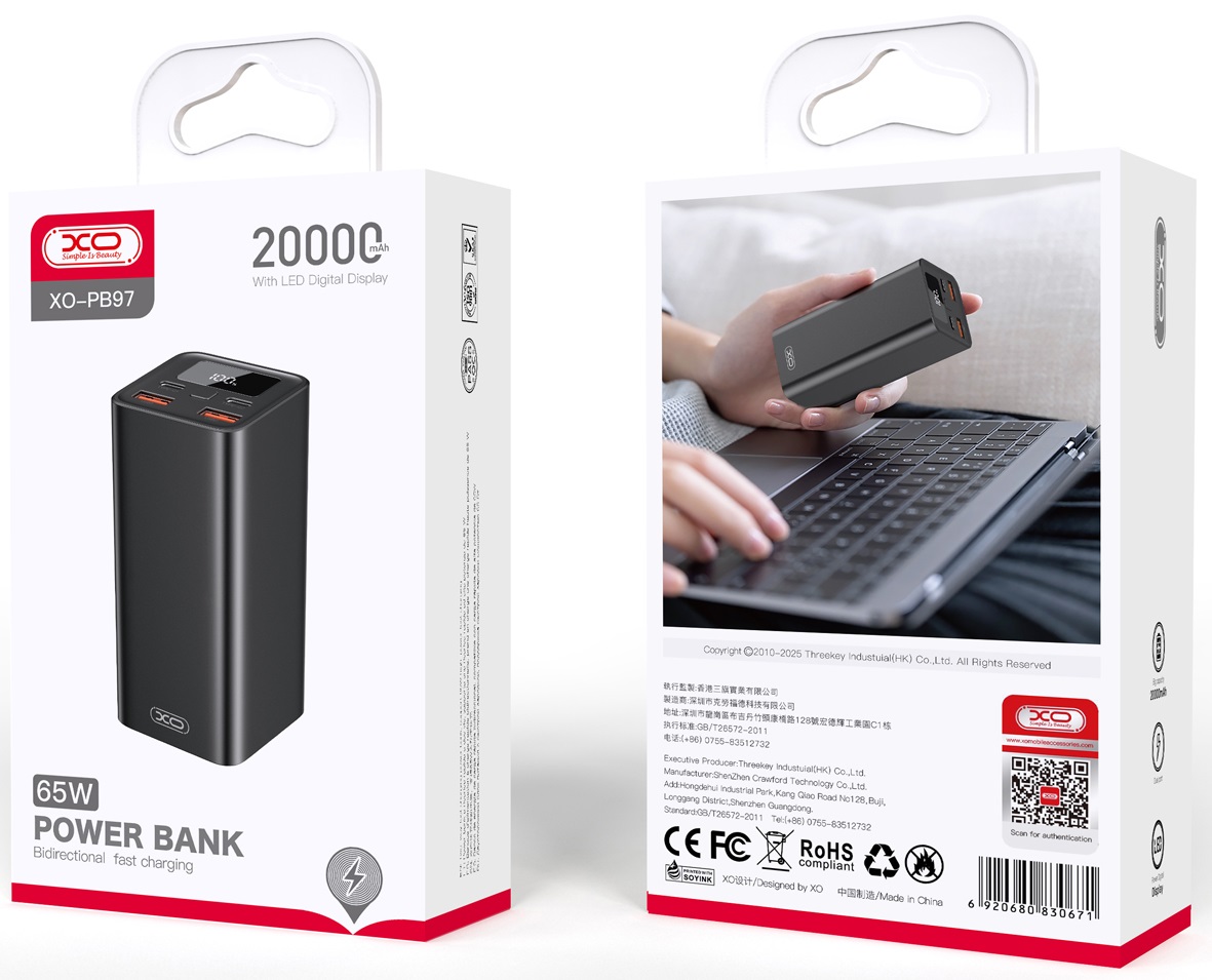 Портативний зарядний пристрій XO PB97 - 20000 mAh PD65W for laptop (Black)