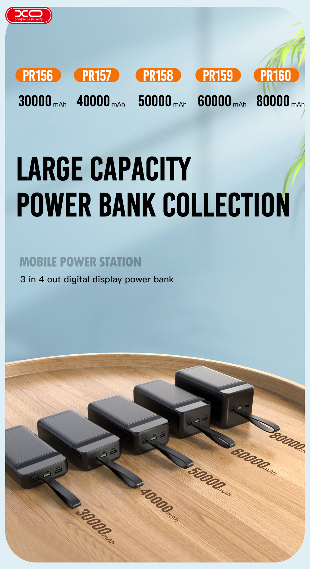 Портативний зарядний пристрій XO PR157 - 40000 mAh 3-Input PD20W + QC22.5W with light Black