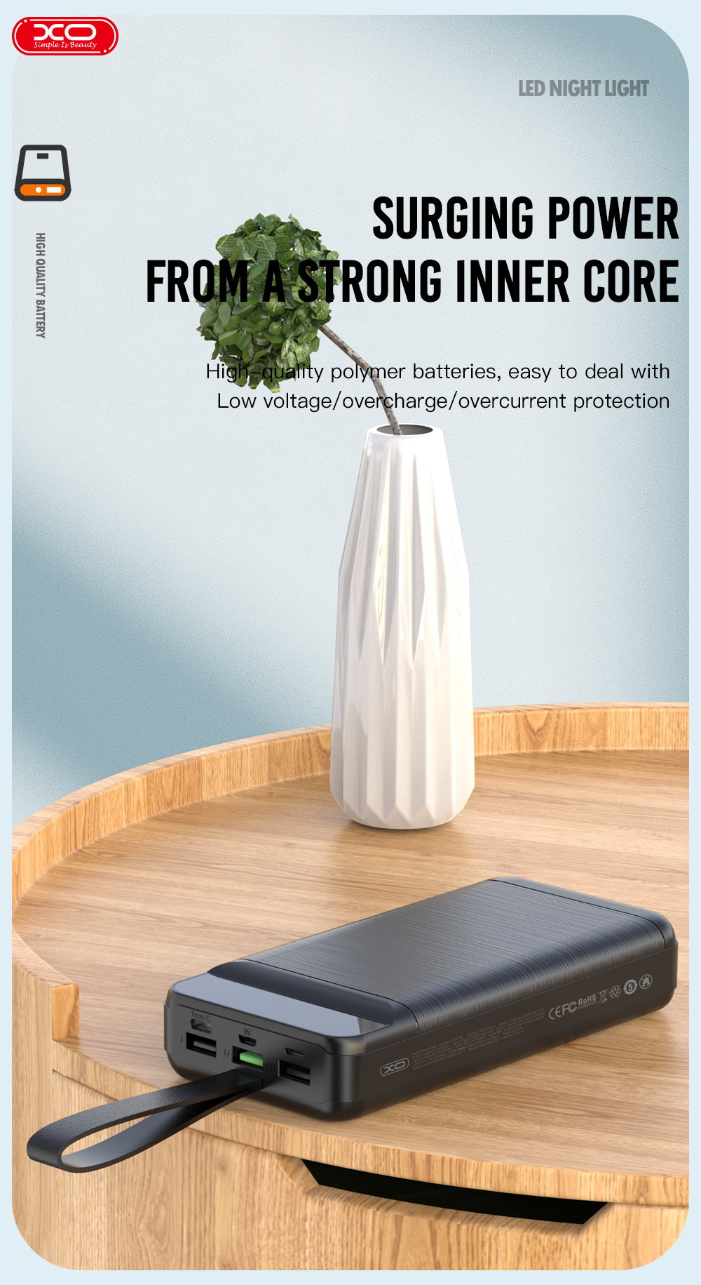 Портативний зарядний пристрій XO PR157 - 40000 mAh 3-Input PD20W + QC22.5W with light Black