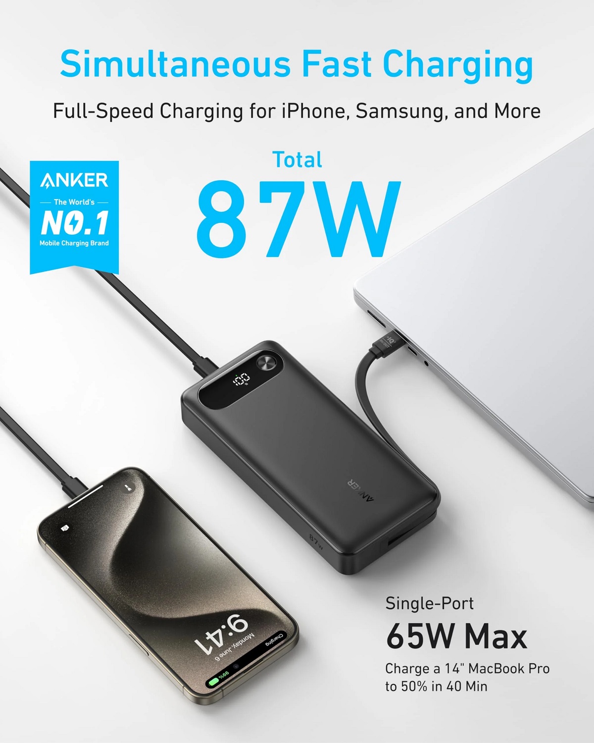 Портативний зарядний пристрій Anker PowerCore - 20000 mAh 87W PD Built-In USB-C Cable Black