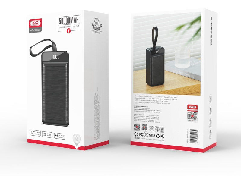 Портативний зарядний пристрій XO PR158 - 50000 mAh 3-Input PD20W + QC22.5W with light Black