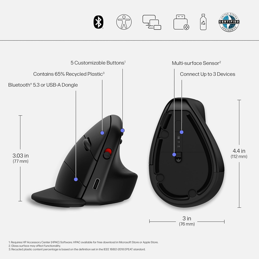 Мишка HP 920 Ergonomic Vertical Wireless/Bluetooth Black (6H1A4AA)