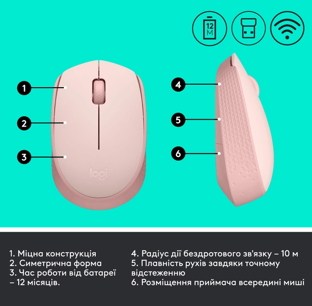 Миша комп'ютерна Logitech M171 Wireless Mouse, Rose (910-006865)