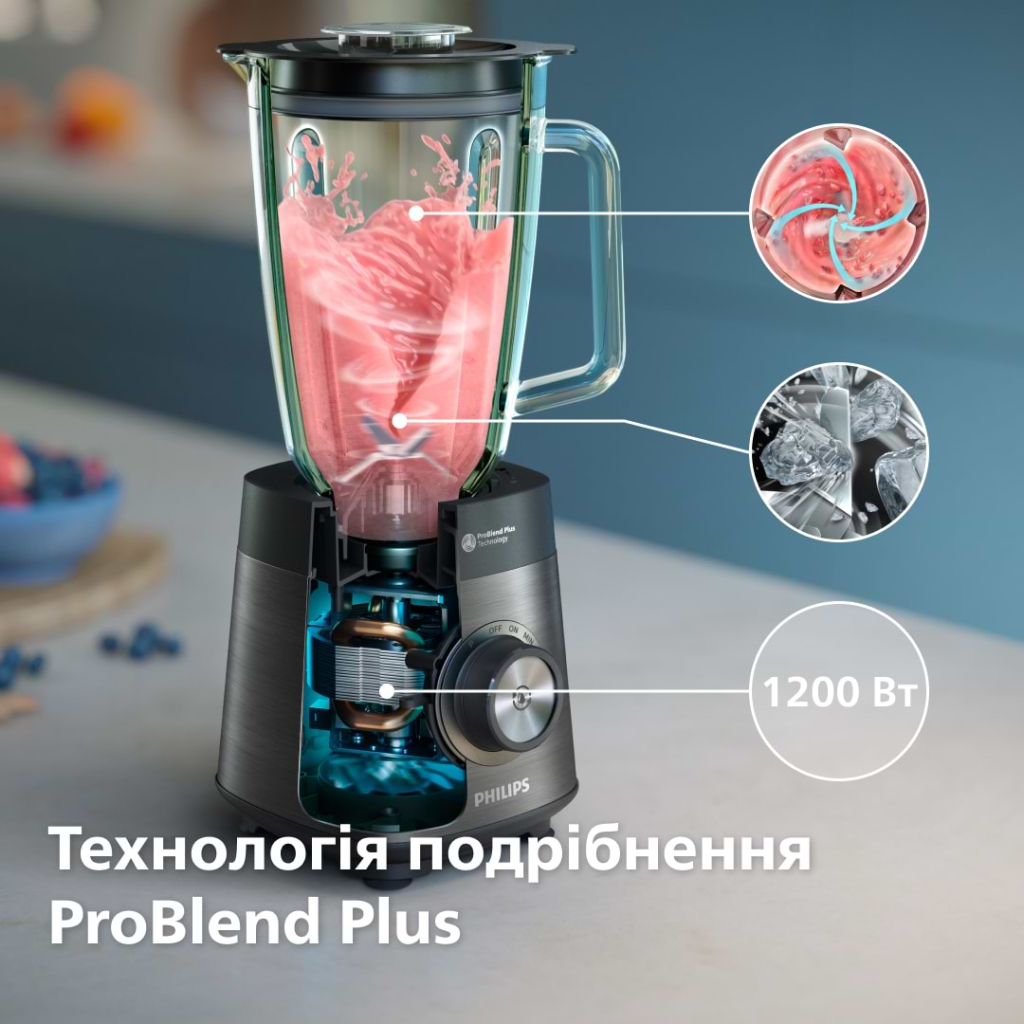 Блендер Philips стаціонарний Series 5000, 1200Вт, чаша-2000мл, скло, склянка в ко (HR3041/00)