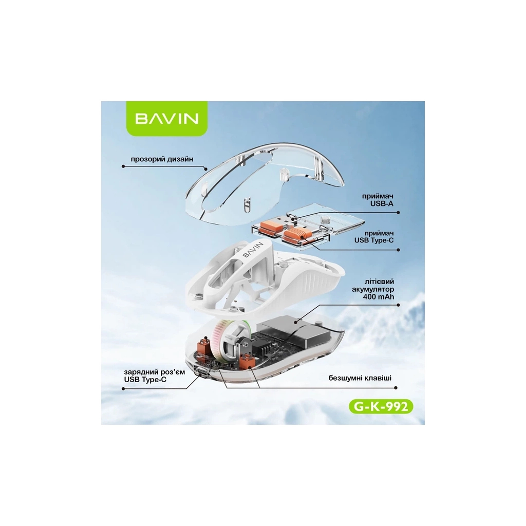Мишка BAVIN G-K-992 RGB Wireless/Bluetooth White (G-K-992-WH)