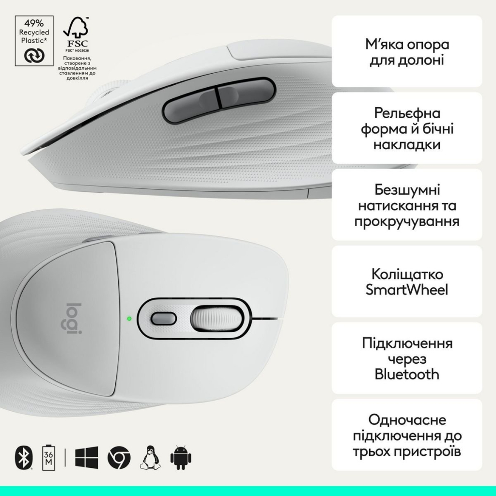 Мишка Logitech Signature Comfort Plus M850L Wireless/USB-C Off-White (910-007716)