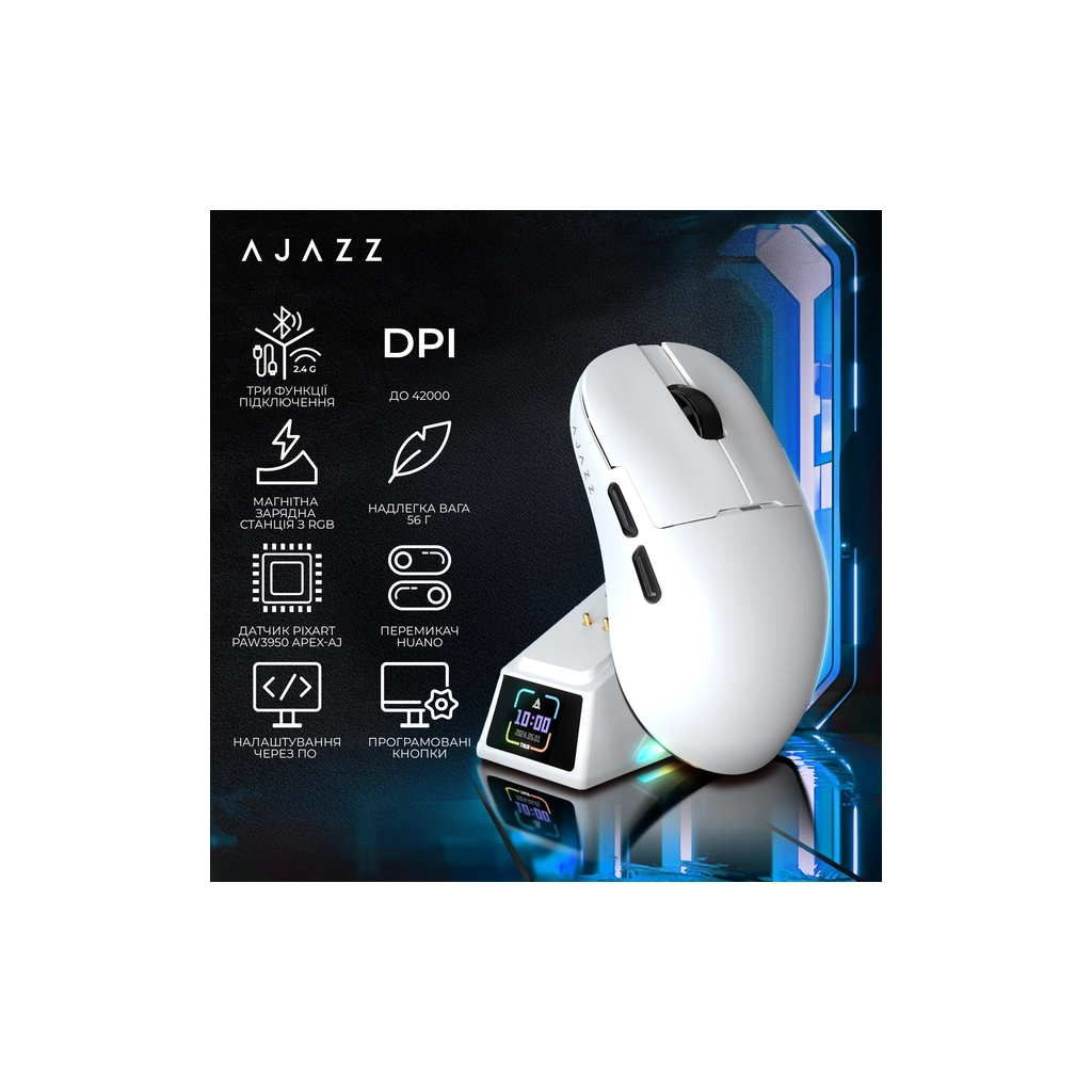 Мишка Ajazz AJ159 APEX Wireless/Bluetooth/USB White (AJM159-A-W)