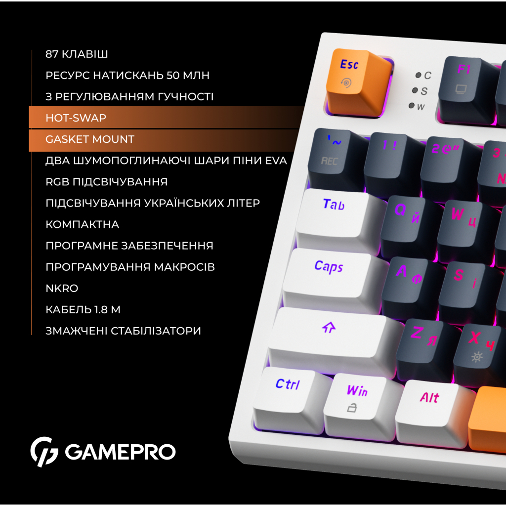Клавіатура GamePro MK180W Hot-Swap Red Swich RGB USB UA White (MK180W)