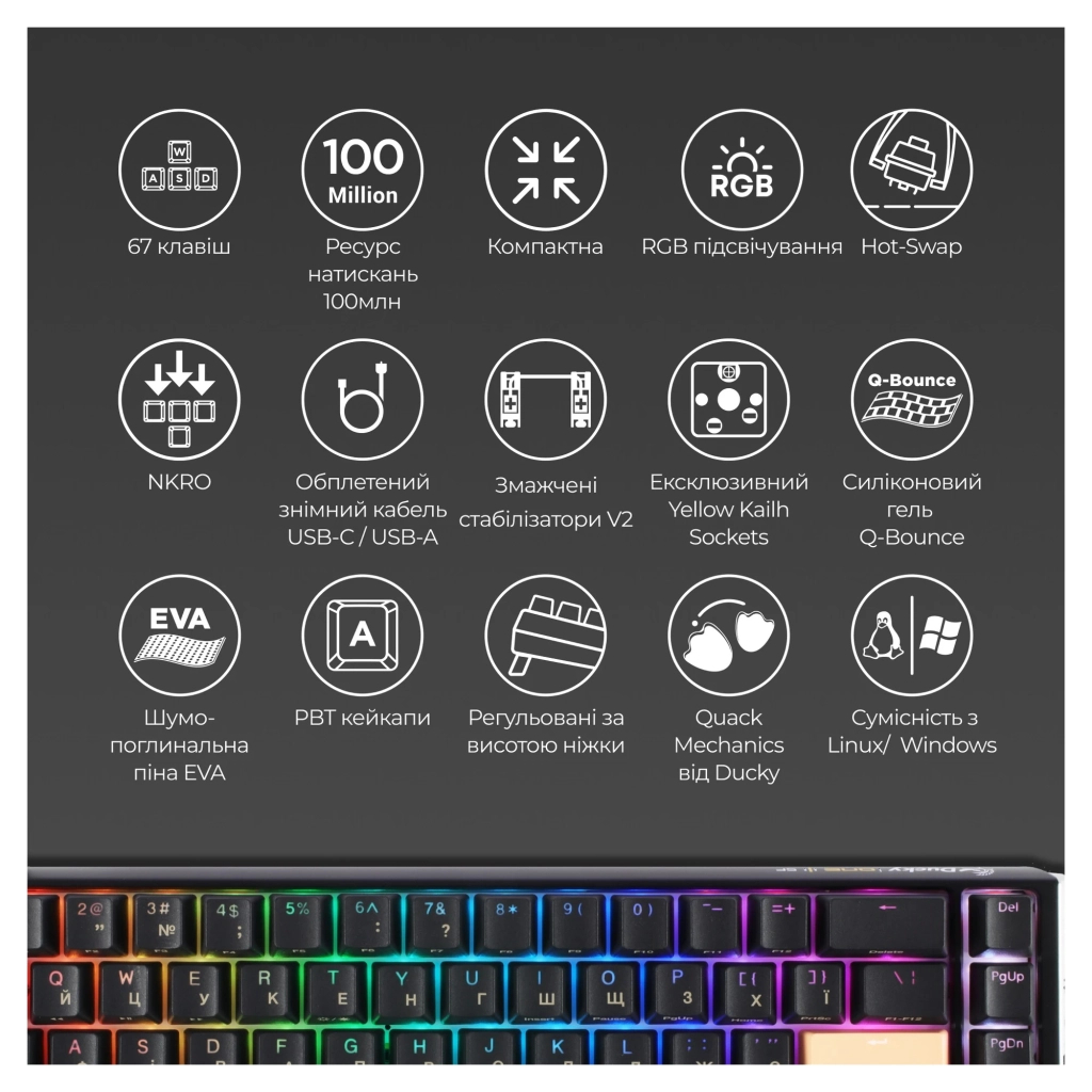 Клавіатура Ducky One 3 SF Cherry MX Red RGB UA USB Black (DKON2167ST-RUAPXCLAWSC1)