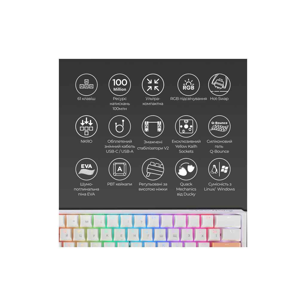 Клавіатура Ducky One 3 Mini Cherry MX Brown RGB UA USB White (DKON2161ST-BUAPXPWWWSC1)