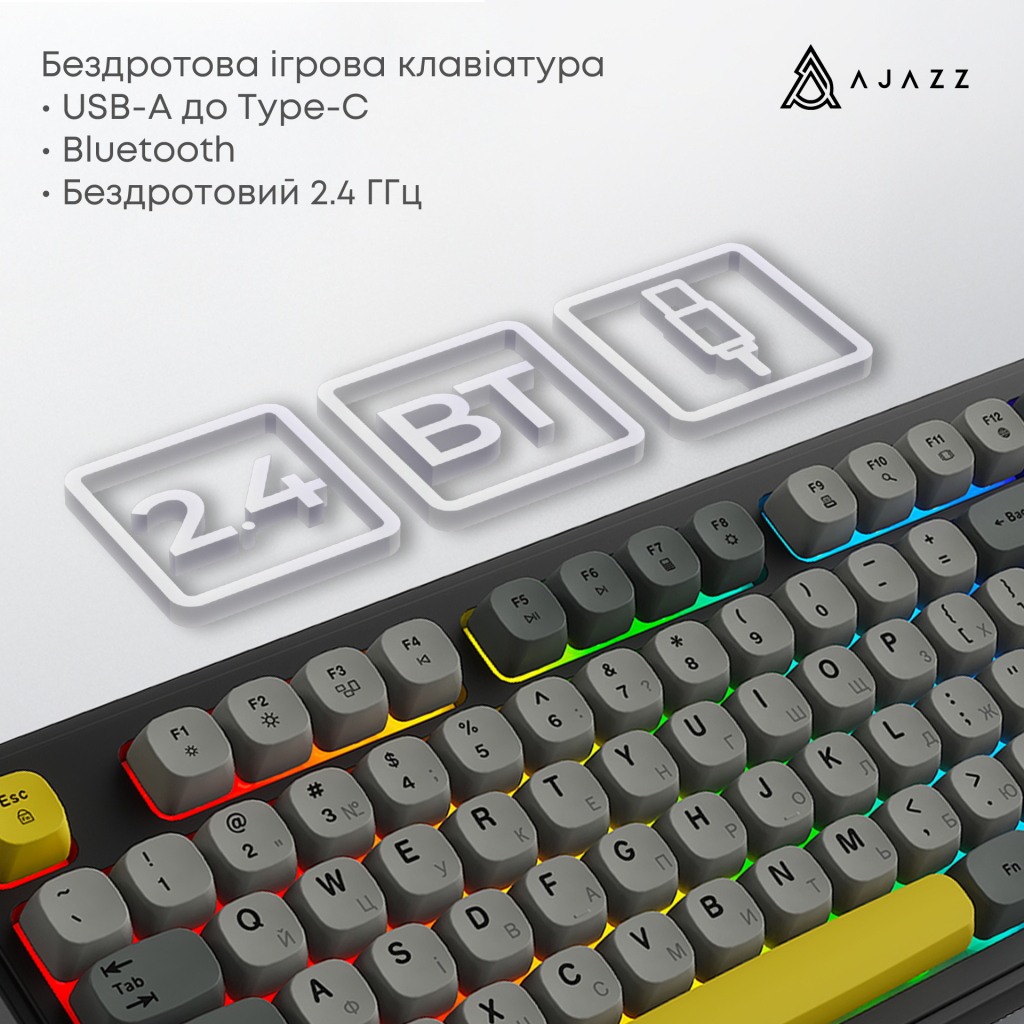 Клавіатура Ajazz AF98 Plus Wireless/Bluetooth/USB UA Black/Grey/Yellow (AF98-PLUS-BGY)