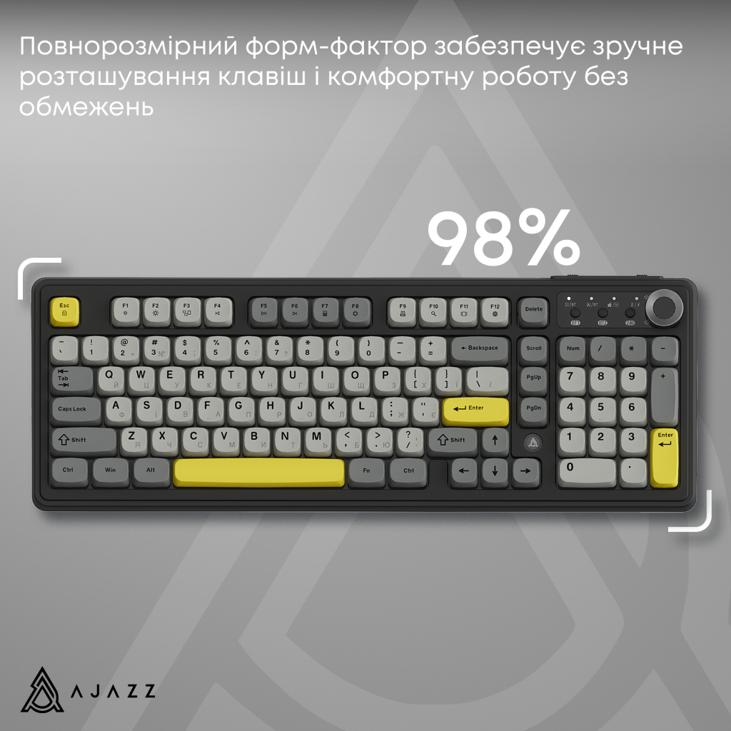 Клавіатура Ajazz AF98 Plus Wireless/Bluetooth/USB UA Black/Grey/Yellow (AF98-PLUS-BGY)
