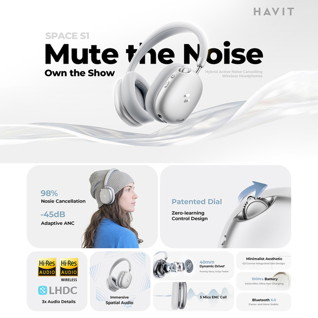 Навушники Havit H670BT Space S1 ANC Silver (6939119093488)